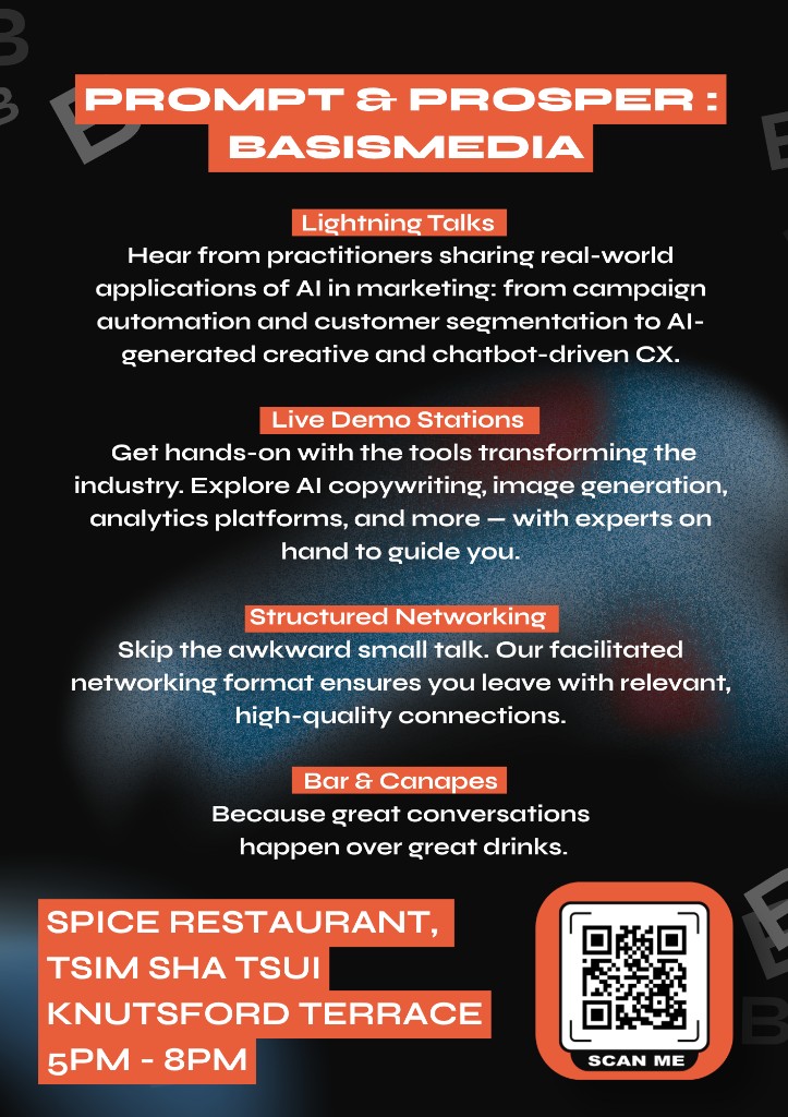 Prompt & Prosper HK event flyer — lightning talks, demo stations, networking, bar and canapés